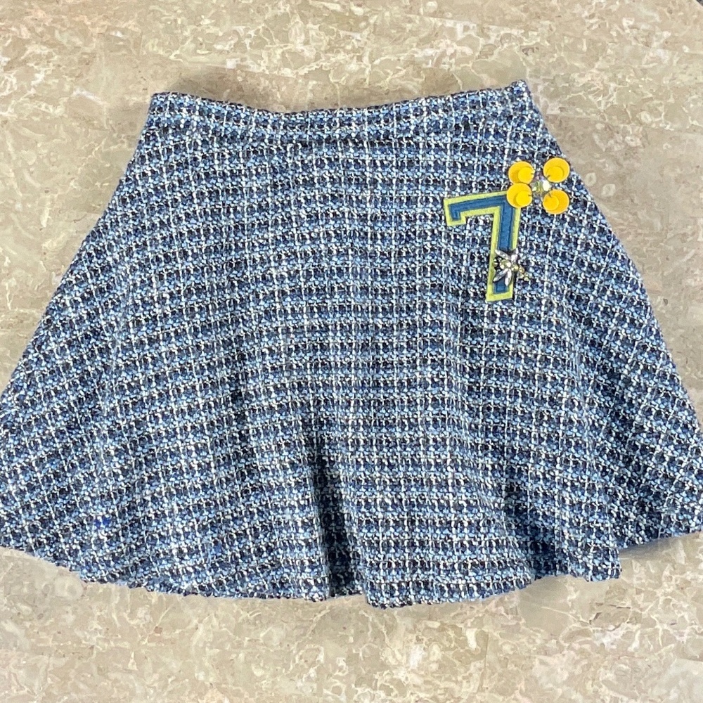 Zara Blue Tweed Skater Skirt with Jeweled Embellishments Size 13-14